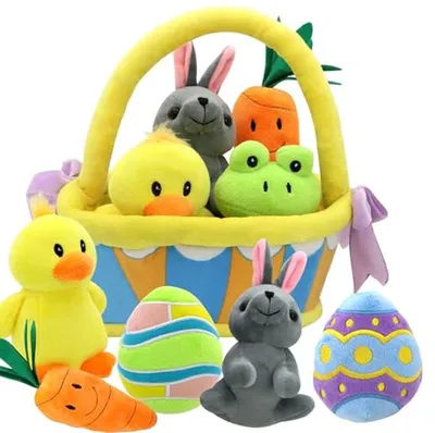 Productafbeelding van Paasmandjes Pluche Set - Speelgoed Mand - Paasfeest Vieren - Originele Stijl - 7 Delig - Multicolor