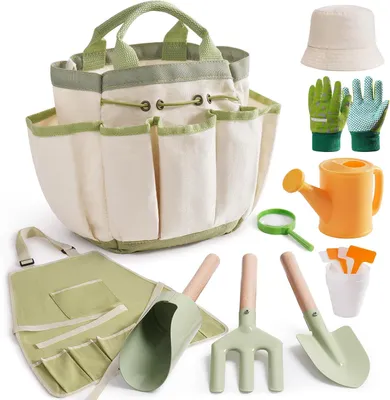 Productafbeelding van Tuingereedschapset, 18-delig tuingereedschap kit voor peuter met gieter, handschoenen, schort en hoeden, gereedschapstas en metalen set
