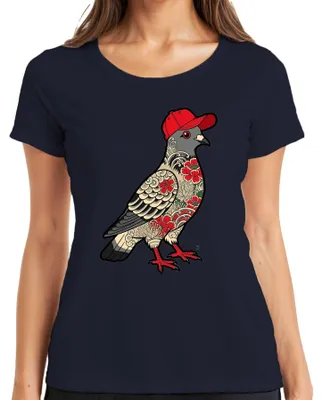 Immagine prodotto di T-shirt da donna, stile urban, con stampa di un tatuaggio giapponese raffigurante una colomba, cappellino da baseball, design "irezumi", colore blu navy, taglia 3XL