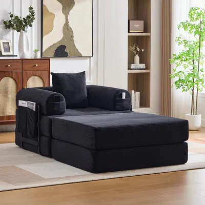 Obrázek produktu pro okwish Jednomístné modulární sofa s taburetem a boční kapsou rozkládací pohovka obývací pohovka s polštáři lounge pohovka s robustním kovovým rámem volně kombinovatelné černá