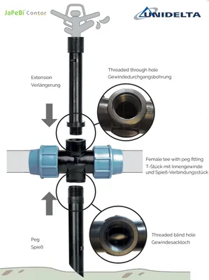Produktbild von Unidelta PP T-Stück m. IG 32 mm x 3/4" x 32 mm u. Erdspieß-Aufnahme + Erdspieß | PE Rohr Bewässerung