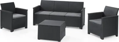 Produktbild von Keter Lounge Set Emma 9-teilig - graphit , 2 Sessel + 3-Sitzer Sofa + 1 Tisch mit Truhenfunktion + 5 Sitzauflagen