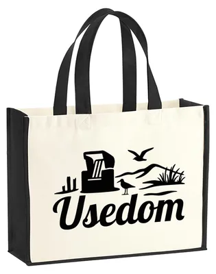 Produktbild von Huuraa Jutetasche Usedom Strandmotiv 21 Liter Black Jute und Baumwolle Einkaufstasche Geschenkidee