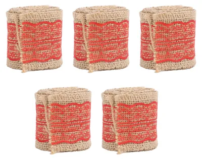 Produktbild von 5 Rollen Jute-Spitzenband, dekoratives Jute-Sackleinenband, rot, für Bastelarbeiten, Festdekoration