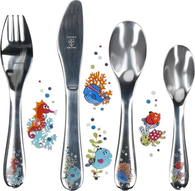 Produktbild von Justinus 4tlg Meerestiere Kinder-Besteck-Set Messer Gabel Löffel Geschenkidee
