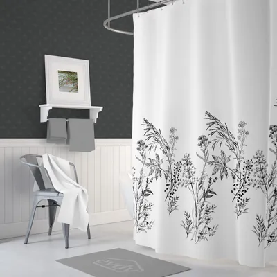 Produktbild von Duschvorhang aus Stoff Heide Weiß Schwarz Textil in der Größe 240 cm Breit x 200 cm Hoch inkl. Ringe