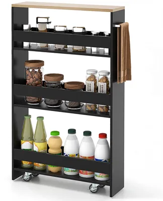Image de COSTWAY, chariot de rangement étroit de 13 cm de large, avec 4 niveaux, chariot de cuisine fin, étagère étroite sur roulettes, chariot de service avec poignée et barrières de sécurité, étagère de salle de bain, dimensions : 47,5 x 13 x 80,5 cm