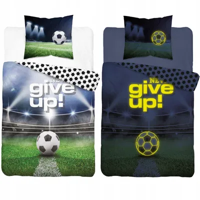 Two football-themed duvet cover sets are displayed side-by-side, one with a daytime stadium scene and the other with a nighttime scene.