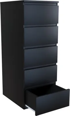 A black chest of drawers with one drawer pulled out.