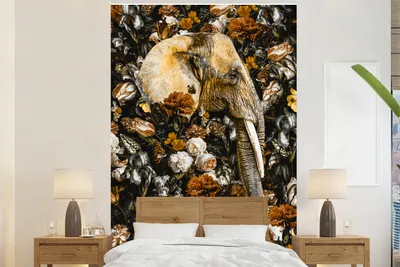 Obrázek produktu pro MuchoWow® Fototapety do obývacího pokoje nebo ložnice tapety vinylové motivy tapety Slon - květiny - hnědý 170x260cm