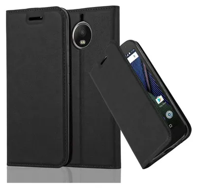 A black leather flip case for a smartphone is shown, with the phone partially inserted and its screen visible.