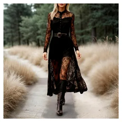 Produktbild von Boho Kleid Damen Lang V-Ausschnitt Spitzekleid Elegant Langarm Abendkleid Maxi Vokuhila Partykleid Blumenmuster Lässiges Maxikleid Western Country Chiffonkleid