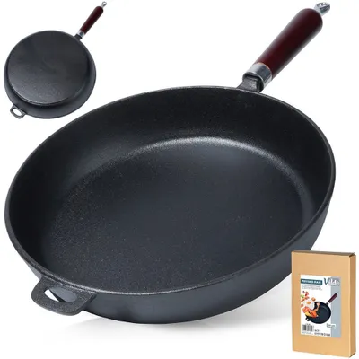 A cast iron frying pan with a wooden handle is shown, along with a smaller inset image of the same pan and a product box.