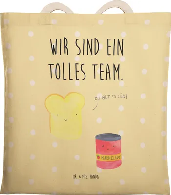 Produktbild von Mr. & Mrs. Panda Tote Bag Toast Marmelade - Gelb Pastell - Geschenk, Stofftragetasche, Beuteltasche, Tasche, Brot, Einkaufstasche, Süß, Beutel, Lustige Sprüche, Dreamteam