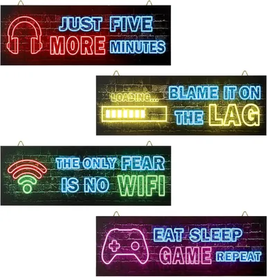 Imagen del producto de Letreros de madera para decoración de salas de juegos, juego de 4 unidades, con frases, ideales para dormitorios juveniles