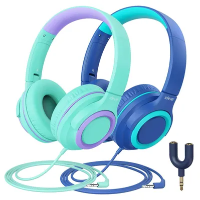 Immagine prodotto di Cuffie iClever Kinder con divisore per la condivisione [confezione da 2] - Volume limitato a 85 dBA per la sicurezza - Cuffie HS22 per bambini con cavo, con connettore da 3,5 mm antistropicciamento, stereo pieghevoli, ideali per la scuola, tablet e viaggi