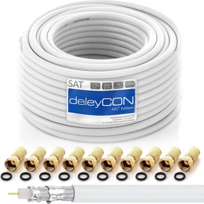 Produktbild von deleyCON HQ+ 20m SAT Koaxial Kabel 135dB - 5-Fach geschirmt für DVB-S - S2 DVB-T und DVB-C - 4K 1080p Full HD HDTV - inkl. 10x vergoldete F-Stecker