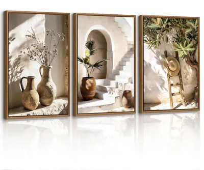 Produktbild von Set von 3 Vintage Pflanzen in Vase Leinwand Wanddekoration - Bauernhaus Stil Stillleben Gemälde