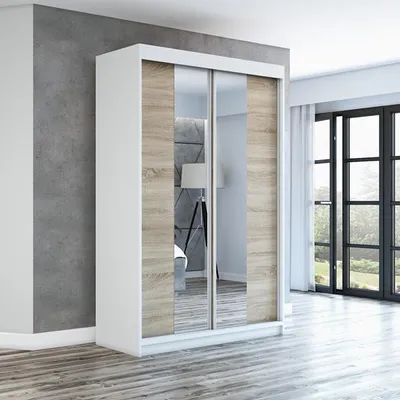Produktbild von Schwebetürenschrank, 2-türig Schrank mit Spiegel! Moderne Garderobe für Kleidung. Verschiedene Farben (Weiß, Schwarz, Somona) Kleiderschrank NEO 120 cm