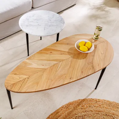 Produktbild von riess-ambiente 2er Set Couchtische ADLON 110cm natur weiß Akazienholz Marmor schwarz Metall