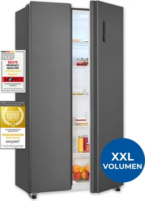 Produktbild von Exquisit Side-by-Side Kühlschrank mit Gefrierfach, 442 Liter, 5 Ablagen, 3 Türablagen, Türdichtung wechselbar, 91 cm Breite, SBS46-040D anthrazit