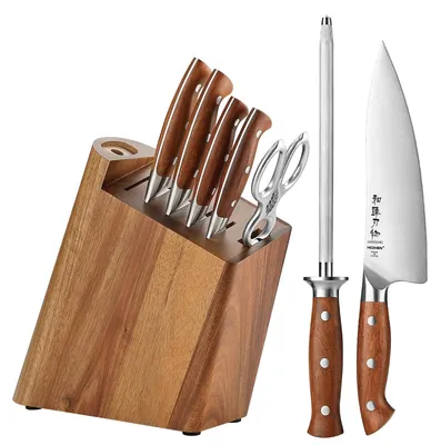 Messerblock-Set, 8-teilig, Kochmesser, Santoku, Stahl 1.4116, Rotholzgriff