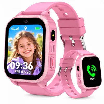 Immagine prodotto di Smartwatch 4G per bambini, modello IP68, con GPS e telefono, chiamate video HD, funzione SOS, modalità scuola, giochi, sveglia, compatibile con SIM, resistente all'acqua, colore rosa