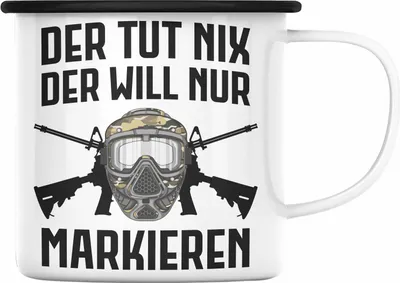 Produktbild von Trendation - Paintball Emaille Tasse Geschenk Männer Der Tut Nix Paintballspieler Geschenkidee Lustig (Schwarz)