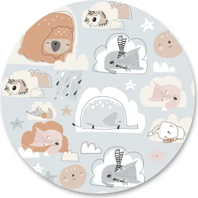 Image de Sticker Cercle ANIMAUX Nuages Ciel Renards Ours Chaton Lapin Hérisson Décoration murale Autocollant mural 100 cm x 100 cm
