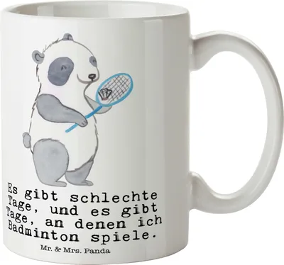 Produktbild von Mr. & Mrs. Panda Becher Panda Badminton  - Weiß - Geschenk, Kaffeebecher, Pott, Sportler, Geschenktasse, Teetasse, Tasse, spielen