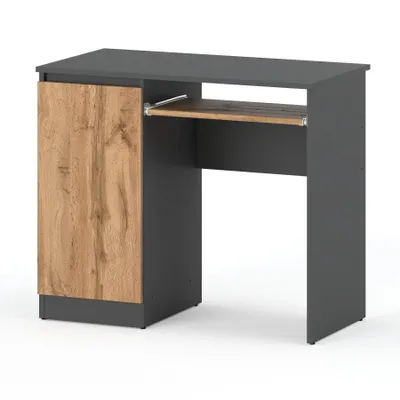 A 3D render of a modern desk with a gray matte finish and a wooden door and keyboard tray.
