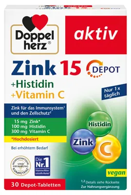 Produktbild von Doppelherz Zink 15 + Histidin + Vitamin C - 15 mg Zink als Beitrag für die normale Funktion des Immunsystems und für den Erhalt normaler Haut - 30 veg