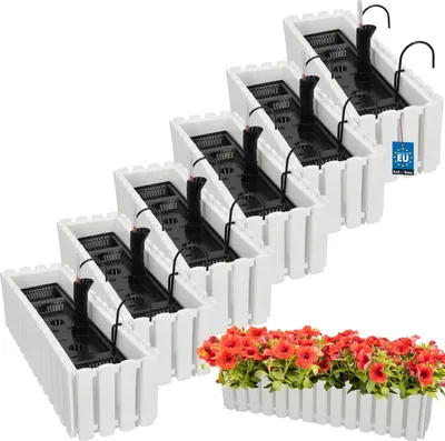 Produktbild von KOTARBAU® 6er Set Blumenkasten Balkon Blumentopf Selbstbewässernd 58x18x16cm Weiß Kunststoff Blumentopf Balkongeländer Bewässerungssystem Blumenkastenhalterung Pflanzkübel Groß Außen