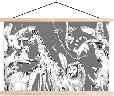 Produktbild von MuchoWow® Textilposter Wasserfarben - Dschungel - Tiere - Jungen - Blau - Kinder 120x80 cm mit holzfarbenen Rahmen - Aufhängeset