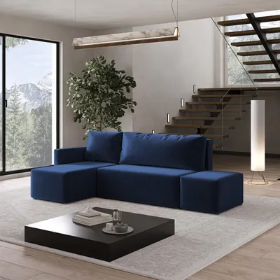 Produktbild von Masseno Ecksofa VELOTTI L-S mit Schlaffunktion L-Form, Sofa mit Bettkasten, Wohnzimmersofa, Couch, Soffa, Bettsofa, Couchgarnitur- Blau, KRONOS 09
