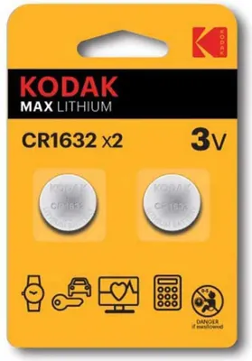 A retail package containing two Kodak Max Lithium CR1632 3V coin cell batteries.