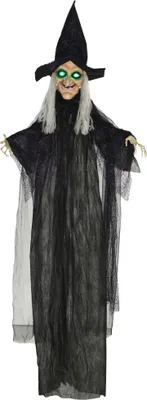 Zdjęcie produktu dla HOMCOM 183 cm Dekoracja na Halloween Czarownica z oświetleniem LED, funkcją dźwięku, dekoracja drzwi wejściowych z regulowanymi ramionami, figurka ogrodowa naturalnej wielkości na imprezę