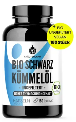 Produktbild von Kräuterland organic black cumin oil capsules unfiltered & vegan 180 pieces. Article highlight: Cold pressed & high dose, high thymoquinone, 100% Nigella sativa, GMO-free, gelatin-free, Germany