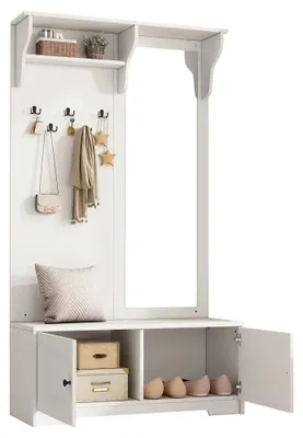 Produktbild von Kleiderschrank mit Spiegel - Flurgarderobe - 100 x 40 x 180 cm - 5 Kleiderhaken - 2 Schränke - Ablage - Schuhschrank - Weißes MDF