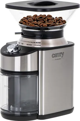 A studio shot of a Camry electric coffee grinder filled with coffee beans.