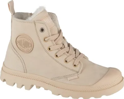 A single beige Palladium ankle boot is shown against a white background.