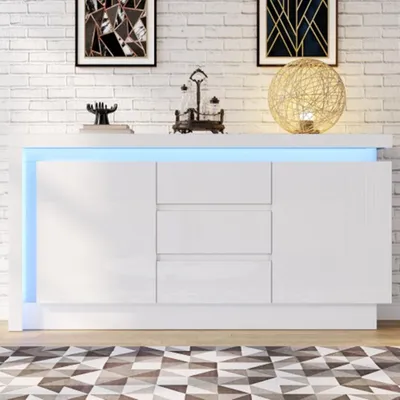 Produktbild von Sideboard,Kommode,Beistelltisch mit 3 Schubladen,Schrank mit verstellbaren Einlegeböden,Hochglanz Beistellschrank mit LED