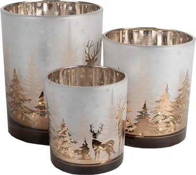 Imagen del producto de Soporte para velas tipo "tealight" de Clayre & Eef, juego de 3 unidades, color blanco y dorado, de vidrio, con diseño de ciervo