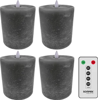Produktbild von 4er Set Sompex 35195 Flame Echtwachs LED Kerze, Flach - Fernbedienbar und integrierter Timer, grau, 10 x 10.5 cm mit Fernbedienung