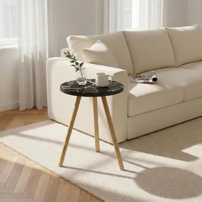 Produktbild von Carenza Home Beistelltisch Rund Schwarz Marmor Optik Dreibein Holzbeine Ø34x45cm Sofatisch Couchtisch Nachttisc