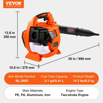 Obrázek produktu pro Benzínový foukač listí VEVOR, dvoutaktní ruční foukač listí 26 CC s palivovou nádrží, benzínový foukač 2 v 1, objem vzduchu 425 CFM, rychlost 156 MPH, ideální pro péči o trávník, čištění listí a odstraňování sněhu