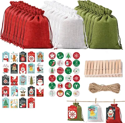 Zdjęcie produktu dla Zestaw do samodzielnego wykonania kalendarza adwentowego: 24 woreczki materiałowe z klipsami, naklejki i sznurek