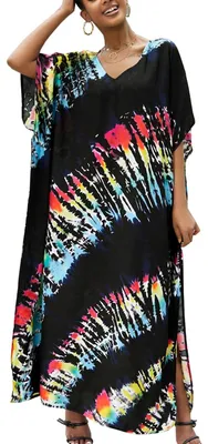 Zdjęcie produktu dla Kaftan Sommerowy, bawełna, kwiatowy wzór, długi, w stylu boho, jako szlafrok plażowy lub sukienka