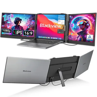 Produktbild von Blackview 14" Tragbarer Dual-Screen-Laptopmonitor, ultradünn FHD Computerbildschirm für 13.3"-17,3" Laptops, 180° horizontal drehbar