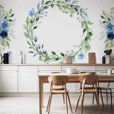 Produktbild von Vlies Fototapete - Romantic wreath - plant motif with blue flowers and leaves 450x315 cm Blumen b-C-10125-a-b